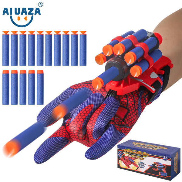 A set of blue and orange foam dart gloves designed for cosplay, showing various sizes and a hand wearing one.