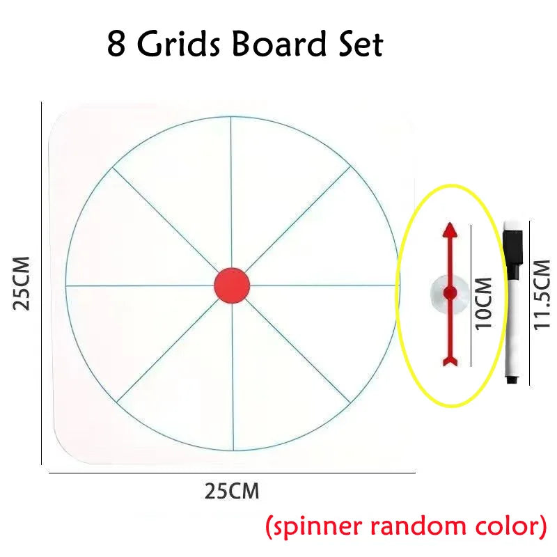 An 8 grids board set showing a circular grid with a spinner and a water pen for teaching.