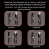 Four separate wireless microphone units are shown, each labeled as a channel for frequency hopping technology.