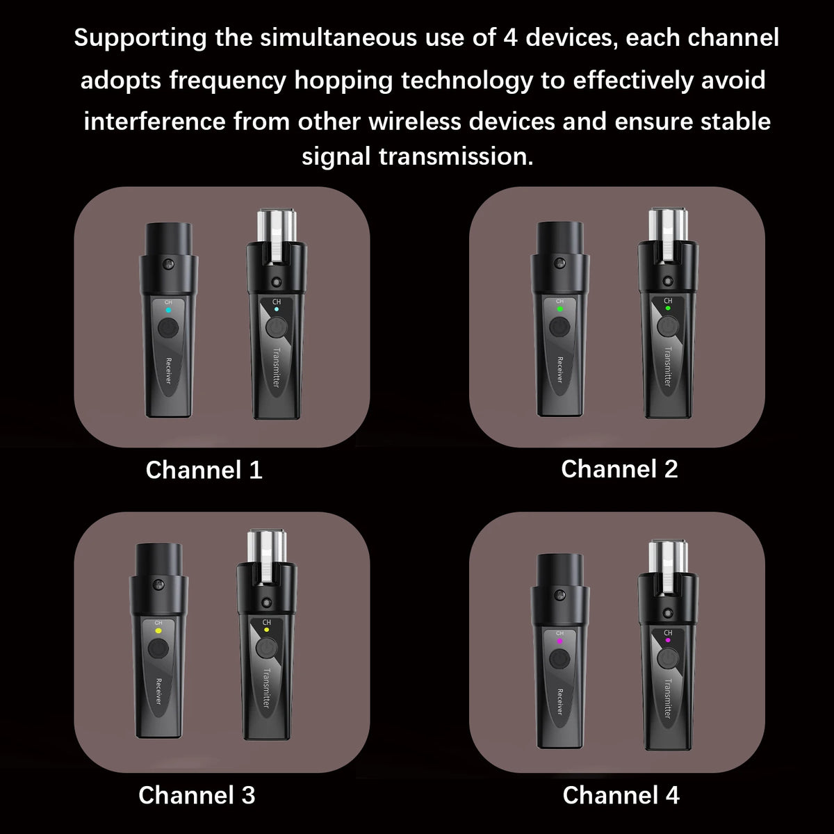 Four separate wireless microphone units are shown, each labeled as a channel for frequency hopping technology.