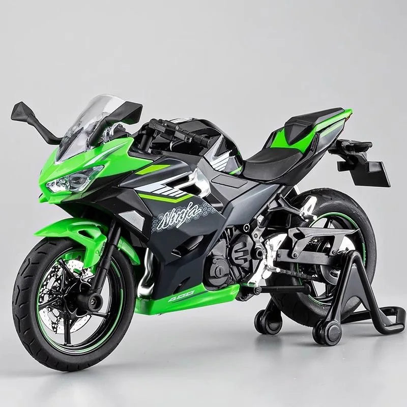 A 1:12 scale Ninja motorcycle diecast model in green and black with lights and sound.