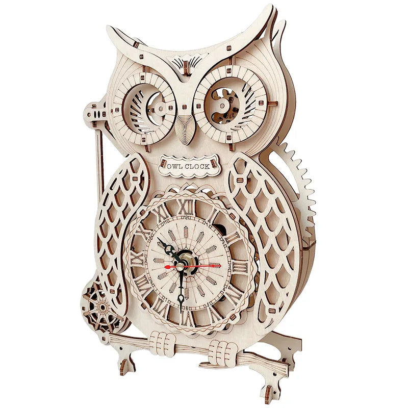A wooden owl wall clock DIY assembly kit featuring intricate gears and a detailed owl design.