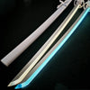 A luminous anime katana prop with an LED blade is displayed on a dark surface.