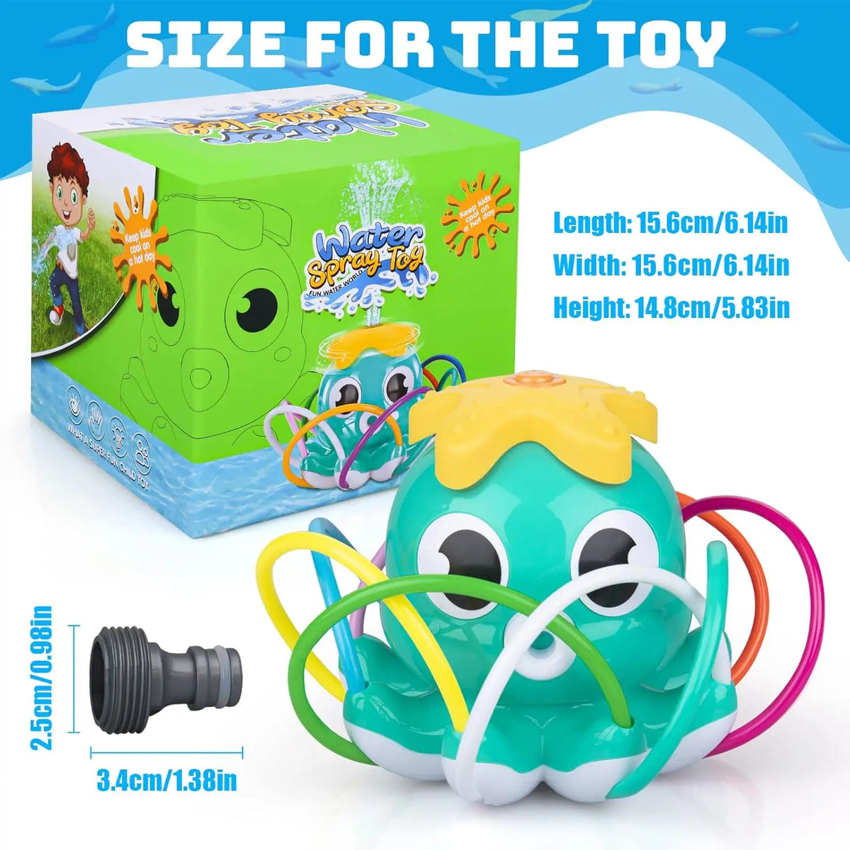 A green box containing an octopus water spray toy and a separate yellow and blue octopus sprinkler toy.