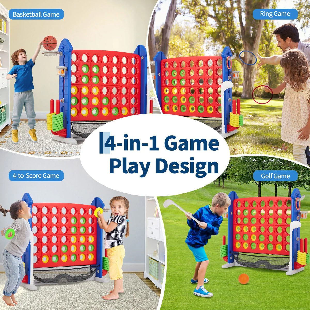 4-in-1 Giant Outdoor Game Set with Basketball Hoop & Ring Toss