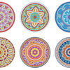 Four colorful mandala flower diamond painting coasters showing intricate geometric patterns.