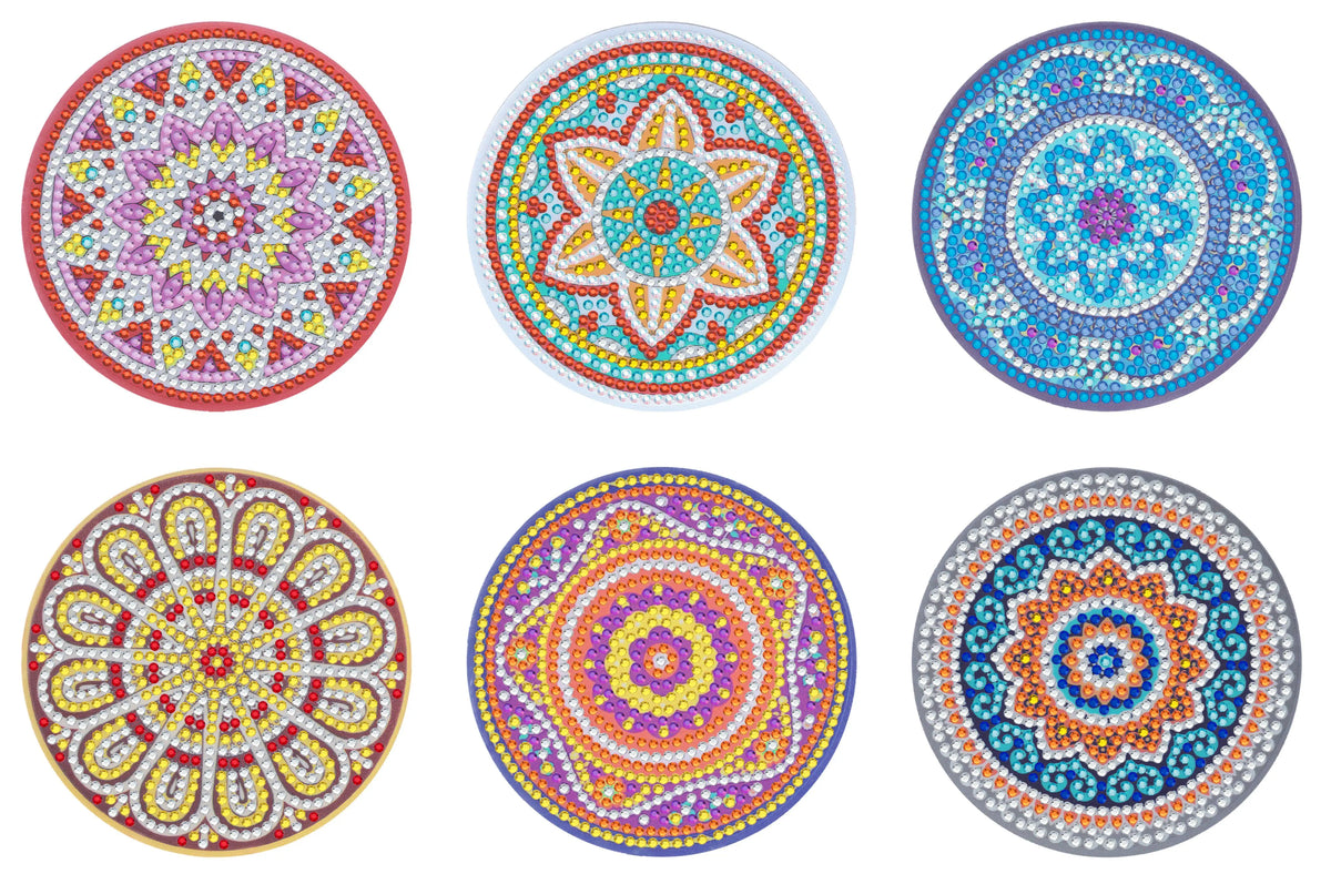 Four colorful mandala flower diamond painting coasters showing intricate geometric patterns.