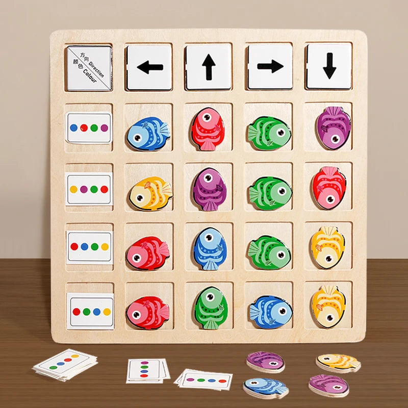 A wooden Montessori direction game featuring colored arrows and fruit shapes for children's logical thinking.