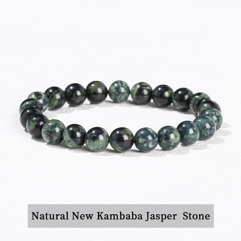 A bracelet made of natural New Kambaba Jasper stone, featuring dark green and black mottled colors.