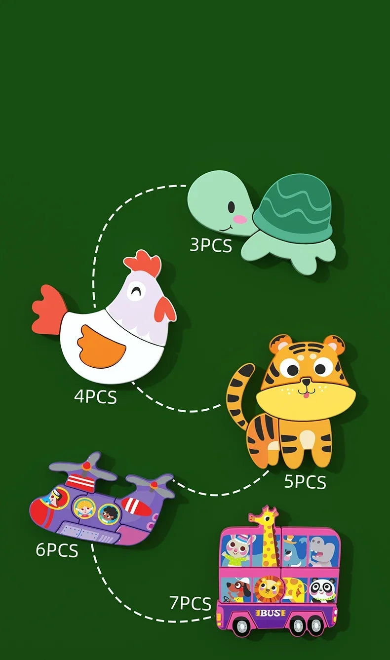 3D Wooden Tangram Puzzle Set for Kids – Cartoon Animals & Traffic Themes