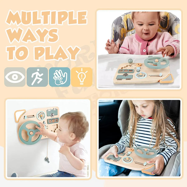 A baby and a girl are playing with a wooden steering wheel sensory toy for motor skill development.