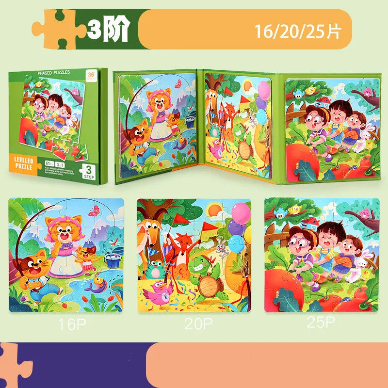 A set of three themed puzzles for kids featuring vehicles, ocean life, and dinosaurs with colorful illustrations.