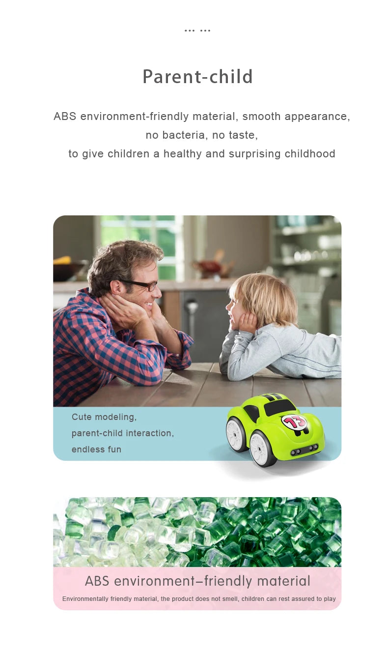 A father is interacting with his child who is playing with a yellow RC car.