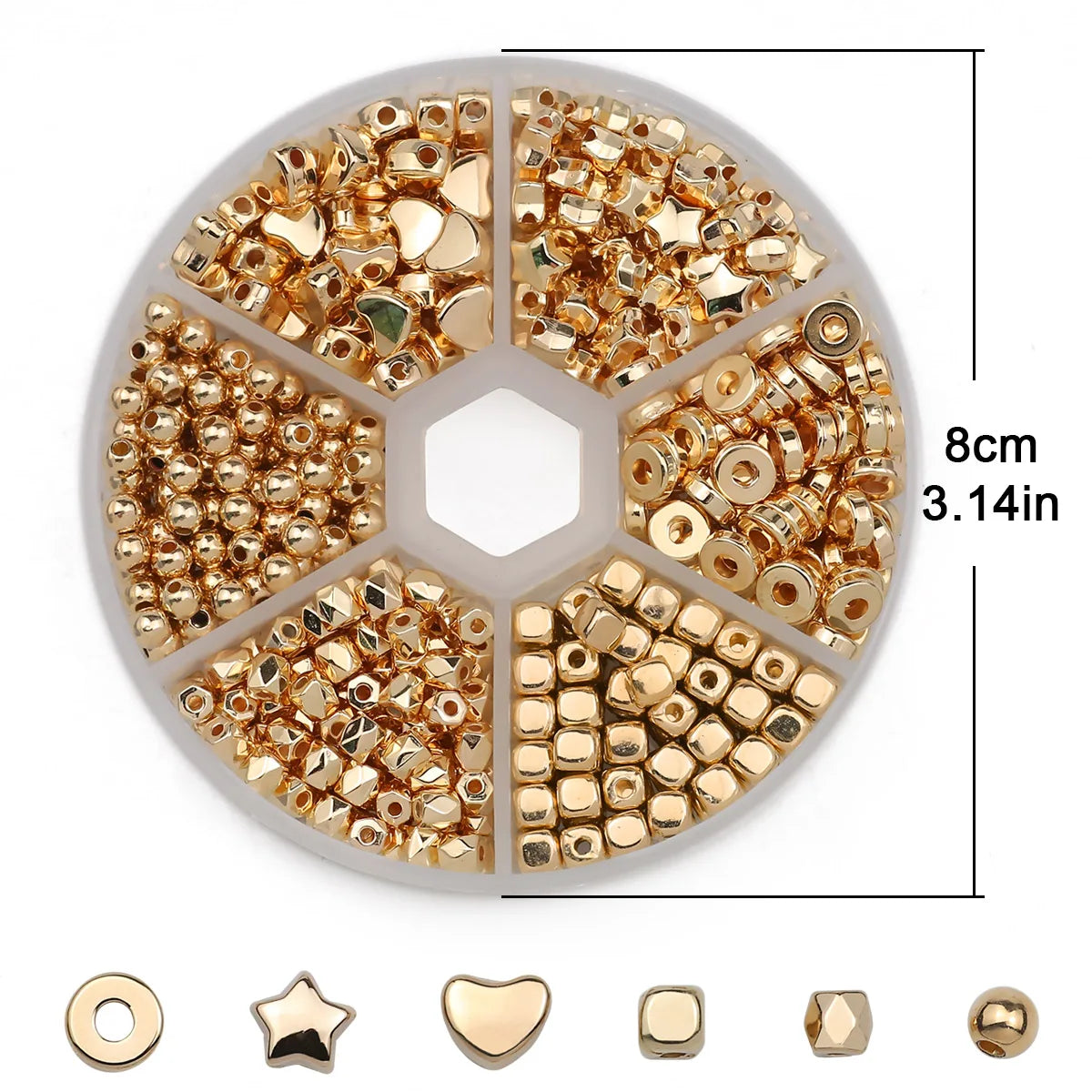 A circular plastic tray holds a variety of gold and silver-plated beads for jewelry making.