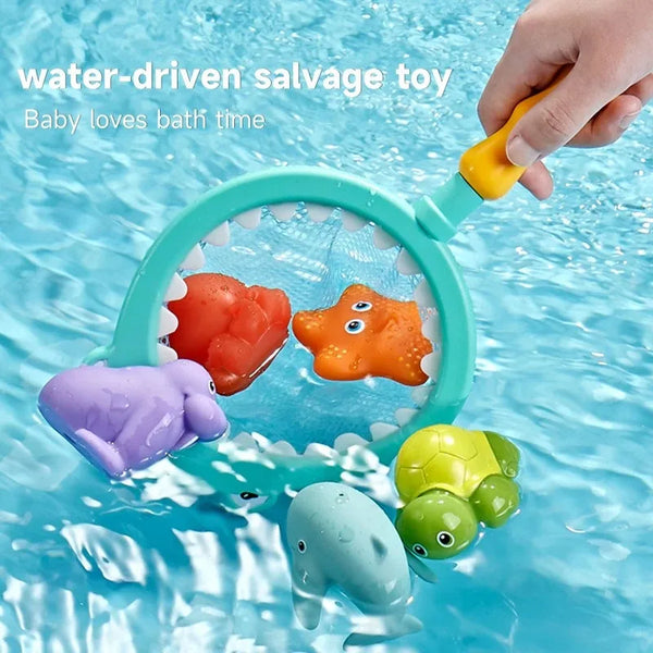 A hand holds a water-driven salvage toy featuring various colorful plastic animals like a frog, a purple sheep, and a green t