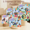 A collection of five sticker puzzles featuring geometric animals and objects like dinosaurs, traffic, fruits, and ocean creat