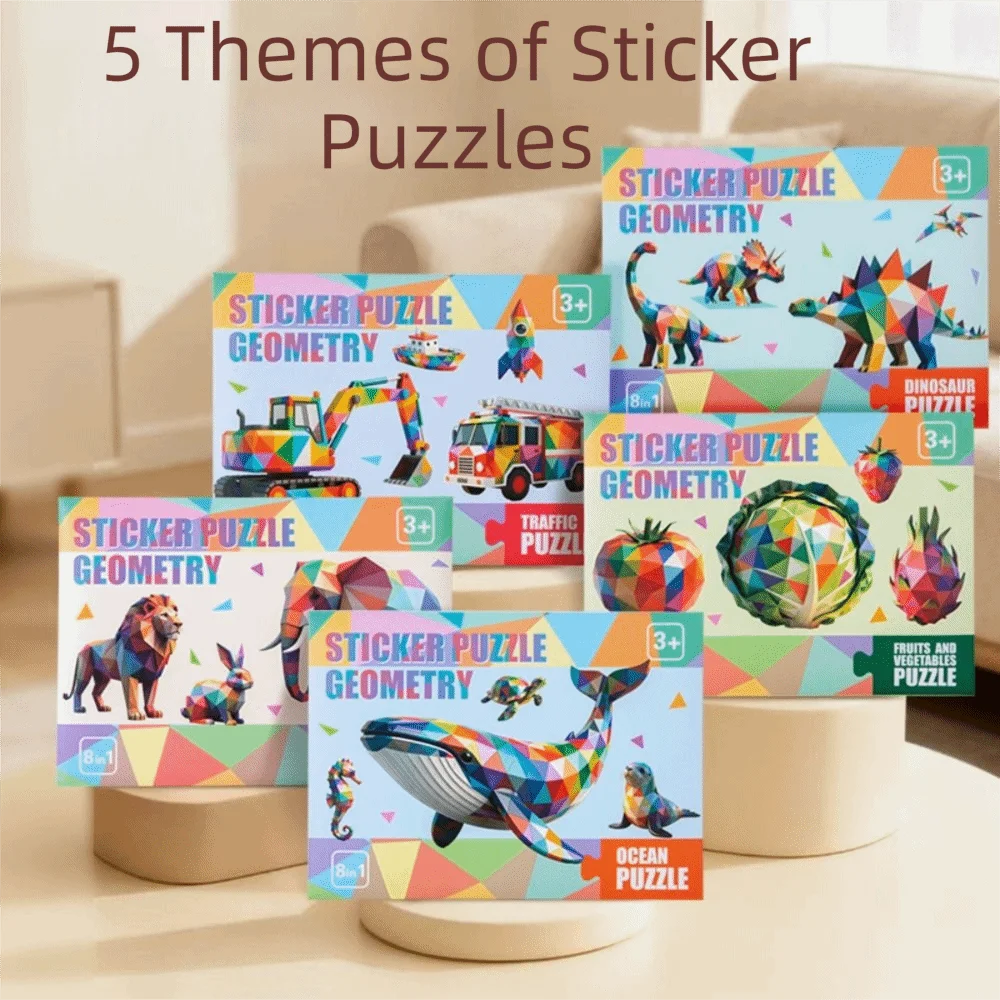 A collection of five sticker puzzles featuring geometric animals and objects like dinosaurs, traffic, fruits, and ocean creat
