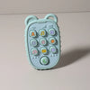 A light blue silicone phone-shaped teether with various buttons for babies.