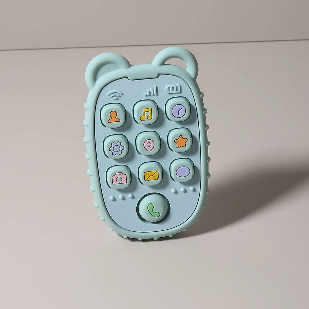 A light blue silicone phone-shaped teether with various buttons for babies.