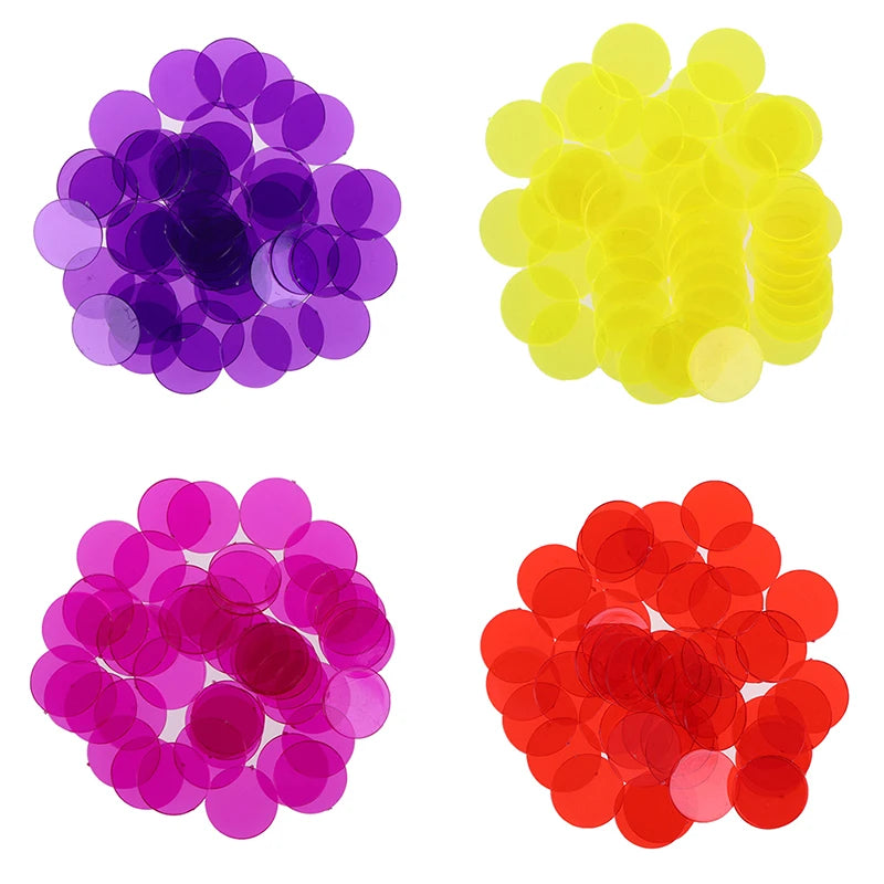 A set of 50 colorful plastic bingo chips in purple, yellow, and pink colors.