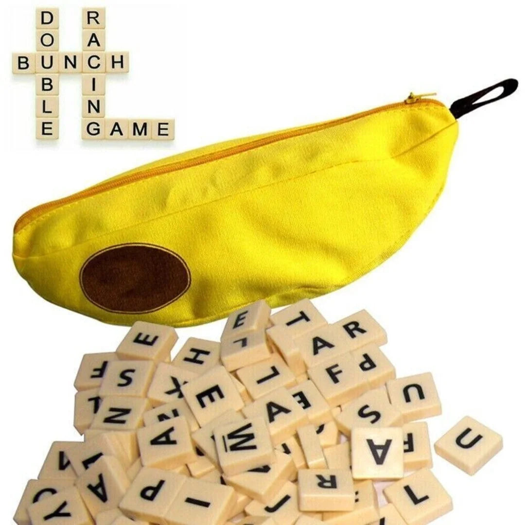 A yellow fabric storage bag shaped like a banana, next to a pile of alphabet letter tiles.