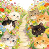 A watercolor illustration of a path lined with colorful flowers and cats, suggesting a DIY mosaic art kit.