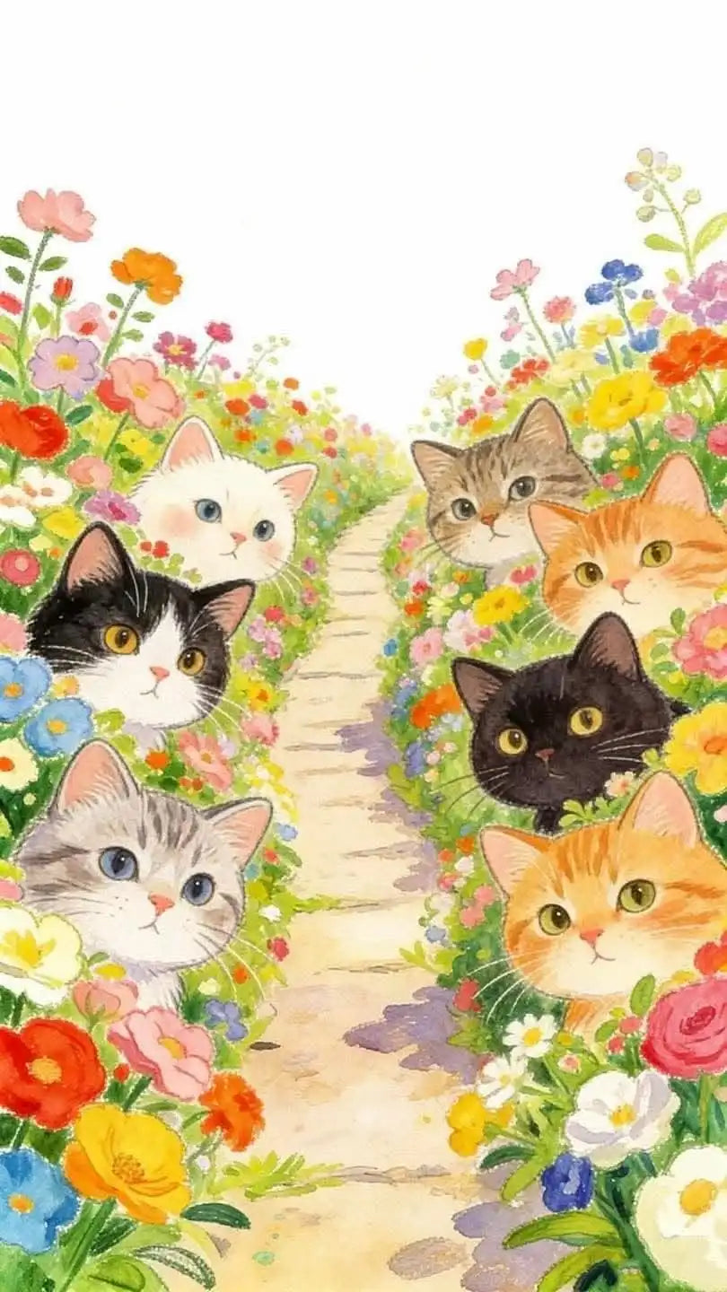 A watercolor illustration of a path lined with colorful flowers and cats, suggesting a DIY mosaic art kit.