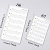 Two sheets of habit tracker refill pages, labeled A6 and A7 sizes, are shown on a light gray background.