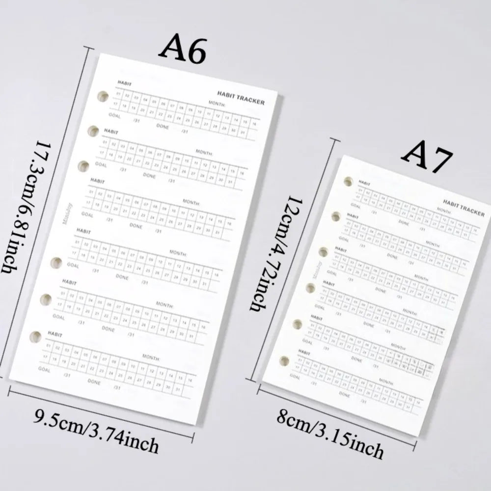 Two sheets of habit tracker refill pages, labeled A6 and A7 sizes, are shown on a light gray background.