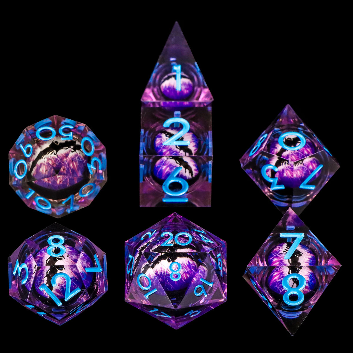 A set of seven sharp edge resin dice in various geometric shapes and colors, including purple and blue accents.