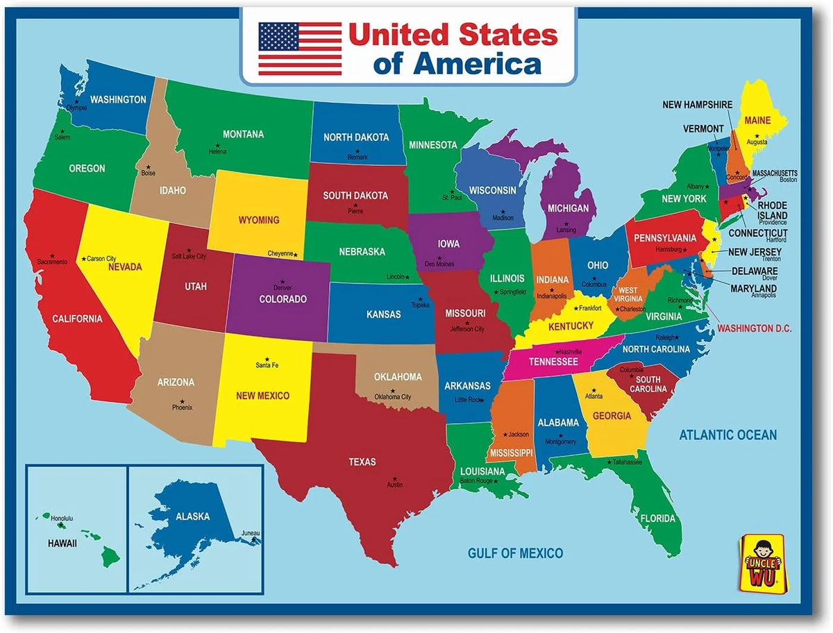 A colorful map of the United States highlighting its states and geographical regions.