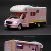 A pink 1:32 scale diecast camping RV with light and sound effects, shown from the side.