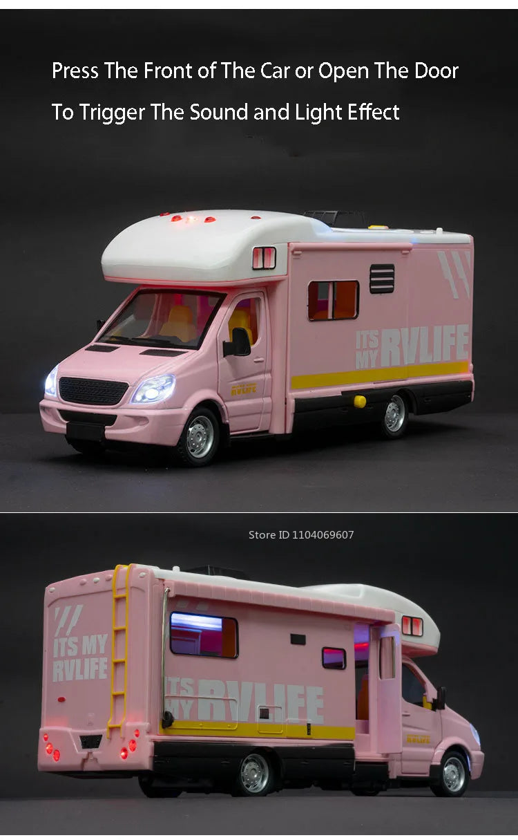 A pink 1:32 scale diecast camping RV with light and sound effects, shown from the side.