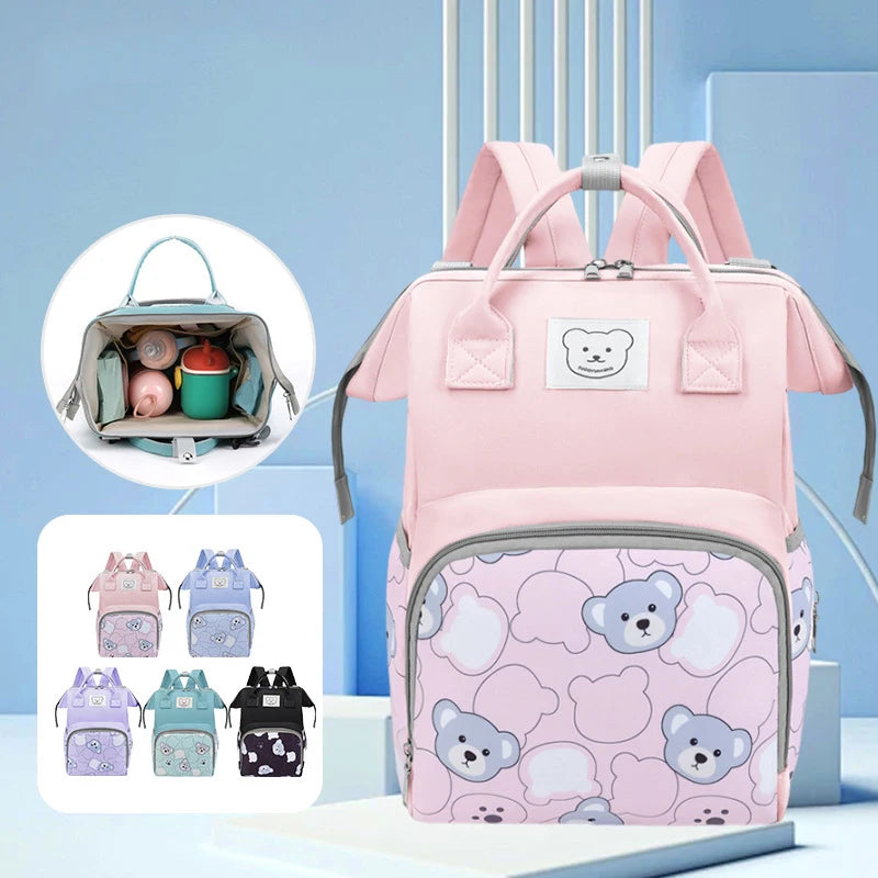 Waterproof Diaper Bag Backpack with Printed Bear Design