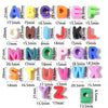 A display of colored acrylic alphabet beads arranged in a grid, showing various letters from A to Z.
