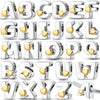 A collection of personalized sterling silver alphabet charm beads in various styles and sizes.