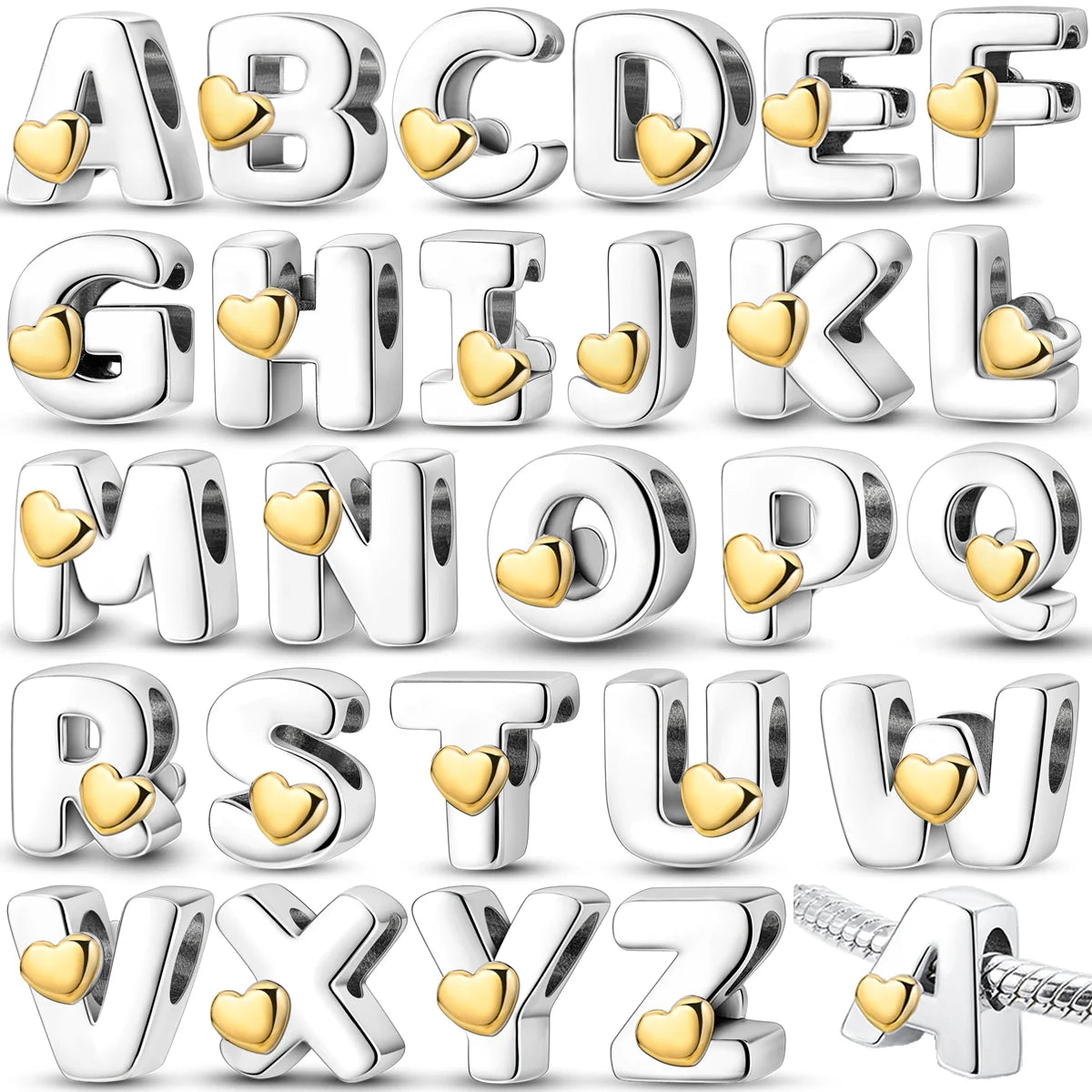 A collection of personalized sterling silver alphabet charm beads in various styles and sizes.