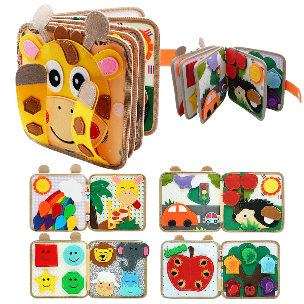 A set of Montessori felt busy boards featuring animals and fruits for toddler educational activities.