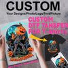 A custom DTF transfer design for a Halloween T-shirt featuring a character and pumpkin illustration.