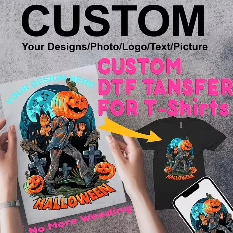 A custom DTF transfer design for a Halloween T-shirt featuring a character and pumpkin illustration.