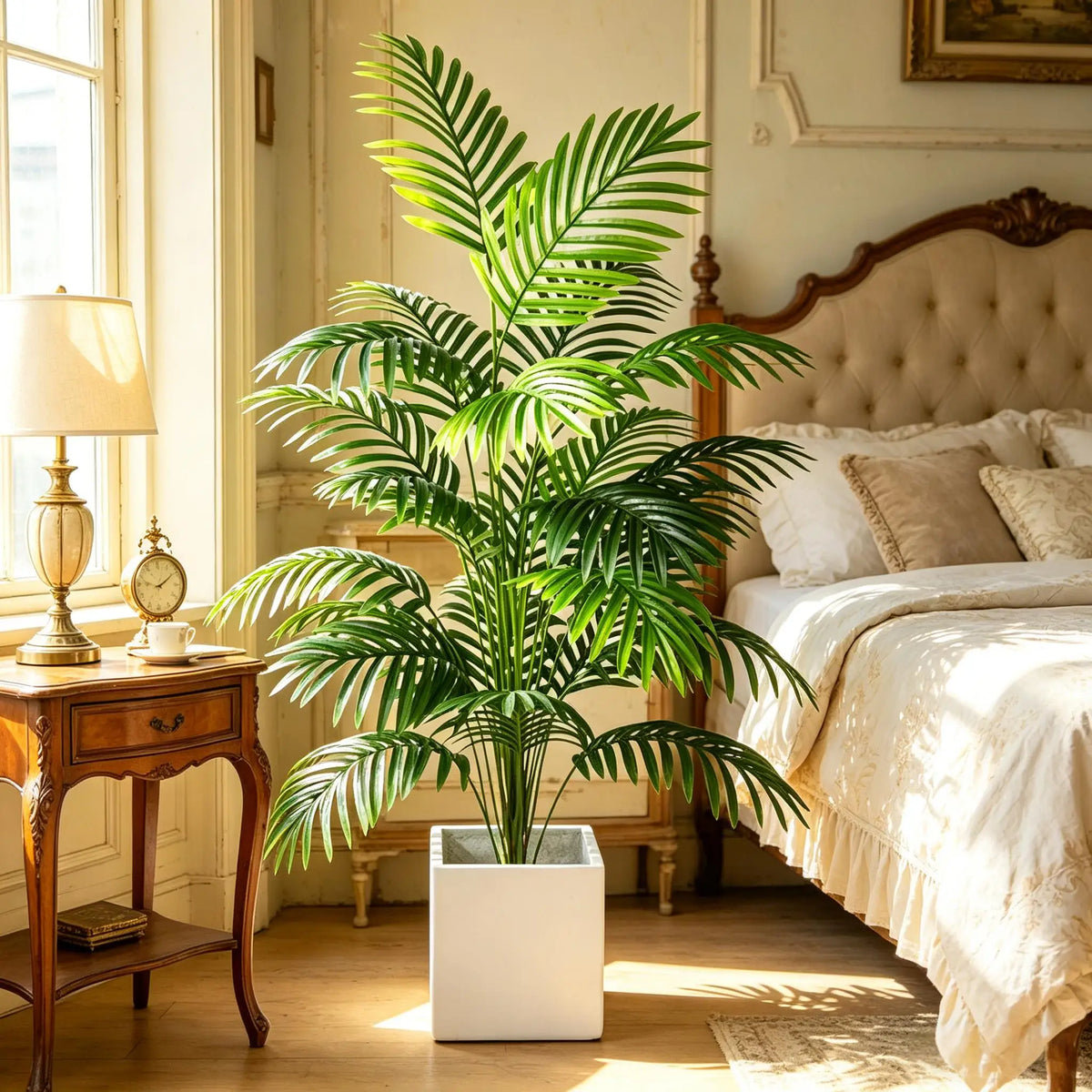 An artificial areca palm plant in a white decorative pot placed on a wooden bedside table next to a bed.