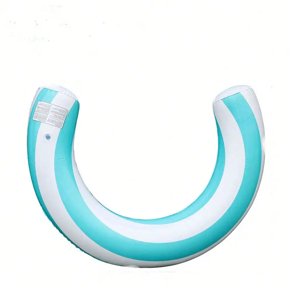 A light blue and white striped inflatable U-shaped pool float for adults.