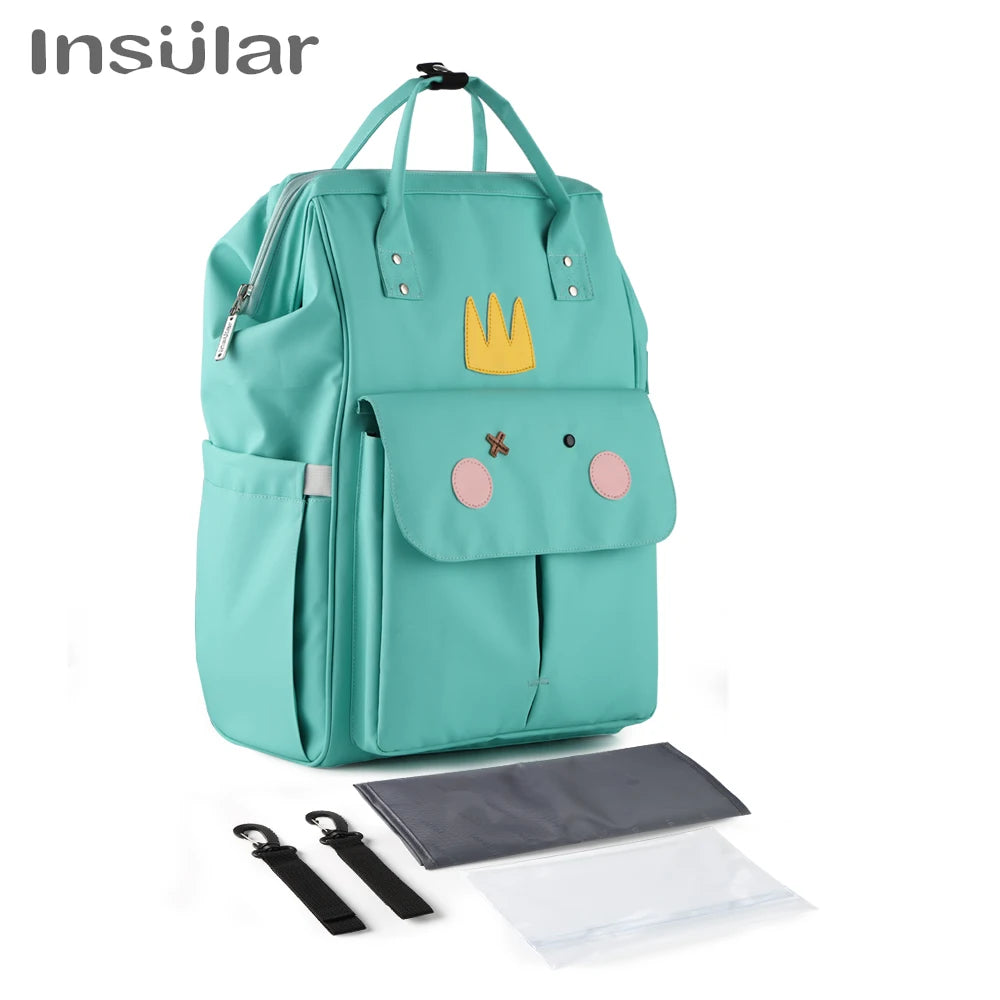 A teal waterproof diaper backpack with a zipper, featuring a changing mat and stroller straps.