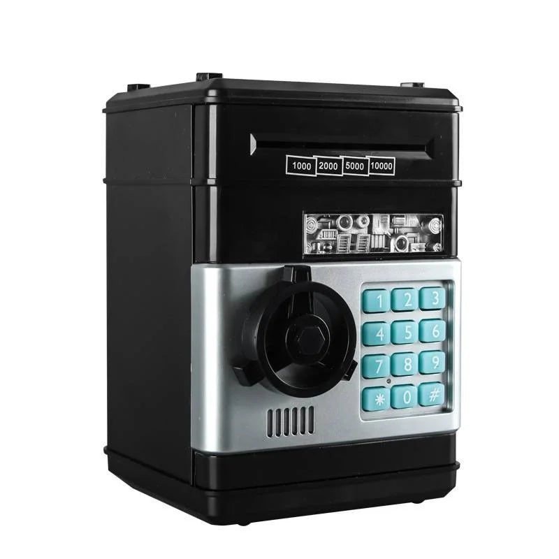Piggy bank automatique noir avec fonctions de sécurité et écran numérique.