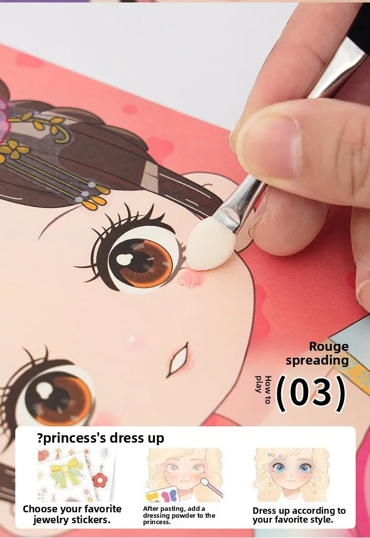 A hand applies makeup to a drawing of a princess face, demonstrating how to dress up according to a favorite style.