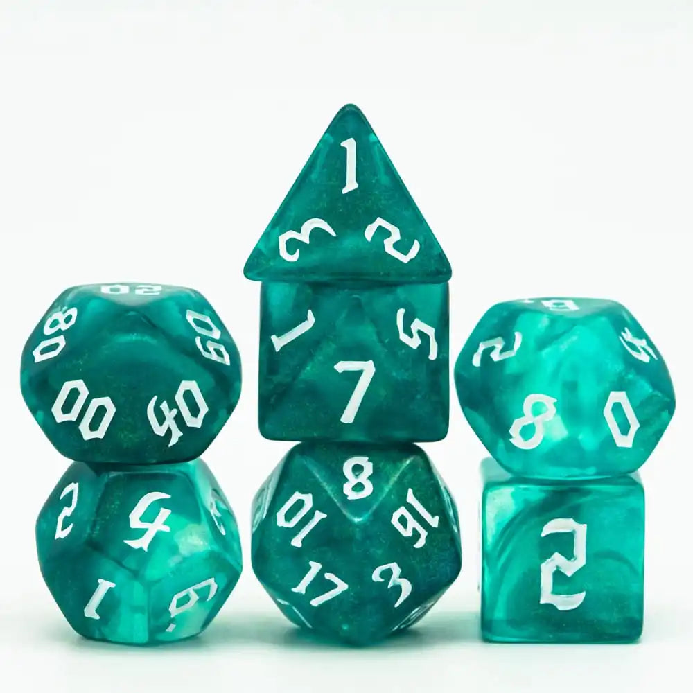 A set of seven translucent teal polyhedral dice, including a tetrahedron and a dodecahedron.