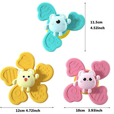 Two silicone bath toys featuring cute animal characters, one blue and one pink, with dimensions provided.