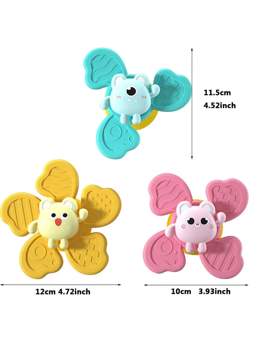 A set of two spinning bath toys featuring cute animal figures in light blue and pink colors.