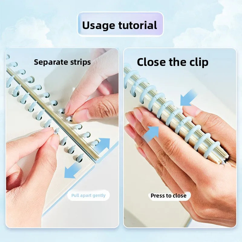 Usage tutorial showing how to separate and close the clip of a macaron detachable spiral notebook