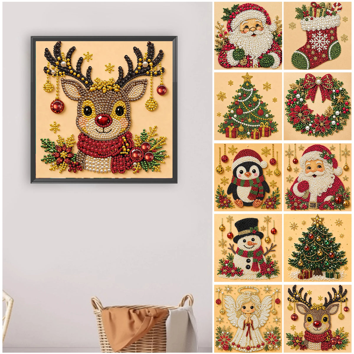 Framed Christmas deer art featuring pearl and diamond embroidery designs for adults and beginners